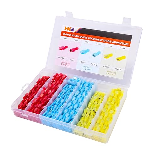 HKS 800PCS (400 Pairs) 22-10 AWG Insulated Male & Female Nylon Spade Connectors – Quick Disconnect Wire Terminals, Tin-Plated Crimp Kit for Automotive, Marine, Electrical Wiring