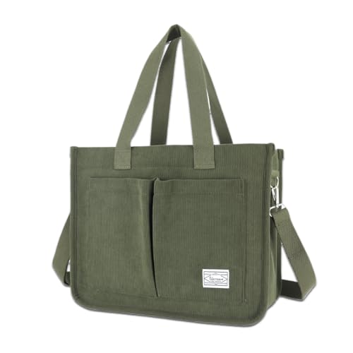 UERRUAM Tote Bag for Women with Pockets,Removable Strap-Large,Lightweight,Soft Corduroy Bag for Crossbody,Work,Travel,Laptop,Olive Green