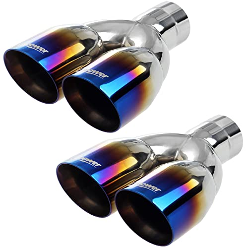Upower Pack of 2 Dual Exhaust Tip Tailpipe 2.5 Inch Inlet 3.5" outlet 9.5" Length Blue Burnt Polished Tip Staggered(Double Wall Slant Edge)