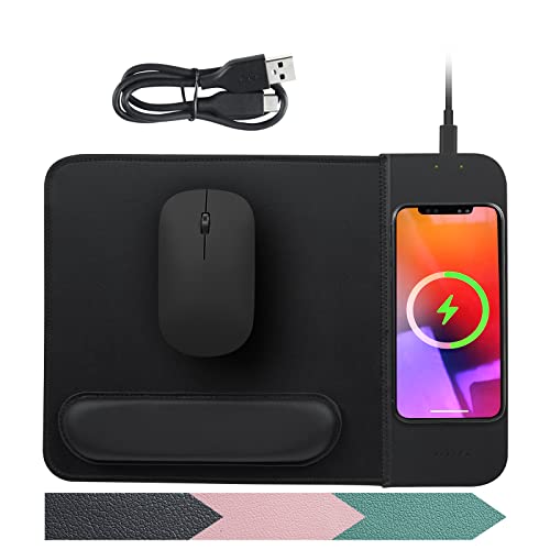 VIVIYA 15W Wireless Charging Mouse Pad with Detachable Wrist Support, Fast QI Phone Charger Mouse Mat for iPhone 16/15/14/13/12/11/X and Samsung Multiple Mobile Devices (Black)