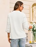 Dressy Tops for Women 3/4 Sleeve Tops Summer Button Down Hollow Out Embroidery Work Blouses White XL