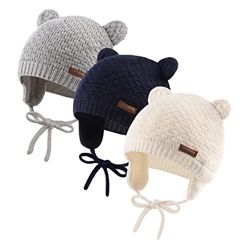 JANGANNSA Cute Knitted Boys Girls Christmas Beanie Warm Earflap Winter Hat Cotton Lined Baby Beanie Infant Toddler Girls Bonnet 0-2Y (0-6 Months, Beige+Navy+Gray)