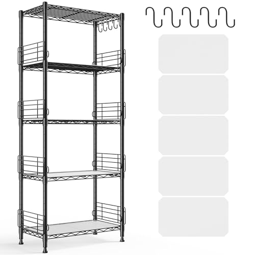 REIBII 5 Tier Metal Shelving Unit Pantry Storage Shelves Adjustable Metal Wire Shelf with Side Blockers 59.1" H Standing Storage Rack with Hooks & Shelf Liners for Kitchen Pantry Bathroom Closet
