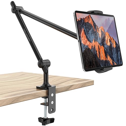 AboveTEK Tablet Stand Holder, Aluminum iPad Holder for Desk & Bed, Adjustable Arm Clamp Mount with 360° Rotation, Overhead Compatible with 4.7"-13.5" iPad Pro/Air/Mini, iPhone, Galaxy Tab- Black