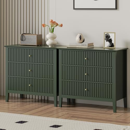 RoyalCraft 3 Drawer Dresser Set of 2, Fluted Chest of Drawers with Storage, Modern Painted 30 inch Tall Nightstand for Bedroom Living Room Entryway, Green