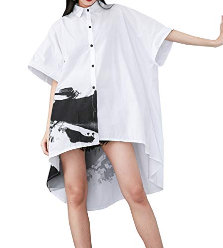 ellazhu Women's Oversized Button Down Shirt Dresses Batwing Sleeves High Low Top for Summer GY1827 White