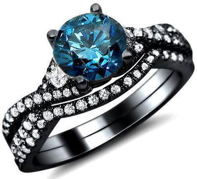 VANDANA GEMS & JEWELRY 2.50 Ctw Round Cut Blue Diamond Bridal Set Women's & Men's Wedding Ring 14K Black Gold Finish (7.5)
