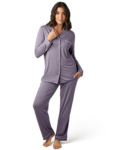 Kindred Bravely Clea Maternity Pajamas & Postpartum Lounge Sets for Women, Long Sleeve Nursing Pajamas (Granite with Lilac Piping, Small)
