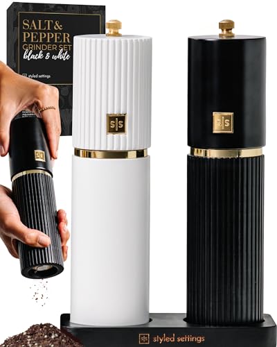 Styled Settings White and Black Salt and Pepper Grinder Set with Gold Accents – Set of Two Refillable Wooden Manual Grinders with Adjustable Ceramic Mills & Matching Wooden Stand - Ideal for Gifting