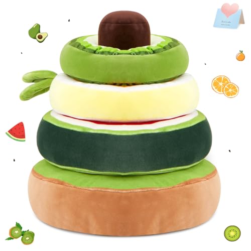 Houwsbaby 14" Fruit Tower Plush Toy, Removable Puzzle Toy with 4 Layers of Fruit Slices, Avocado, Orange, Watermelon, and Kiwi Designs, Creative Present for Kids