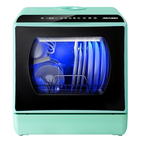 AIRMSEN Portable Countertop Dishwashers, 5 Washing Programs Mini Dishwashers with 5 L Built-in Water Tank and Double-layered Glass Door, No Hookup Needed for Home, Apartments & RVs