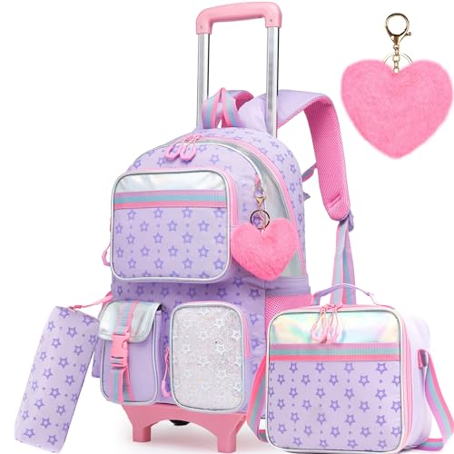 Meetbelify Backpack with Wheels for Girls Rolling Backpack Cute Carry on Backpack with Lunch Box for Elementary Student Teen Girls Luggage Travel Suitcase Girls 8-10 Purple