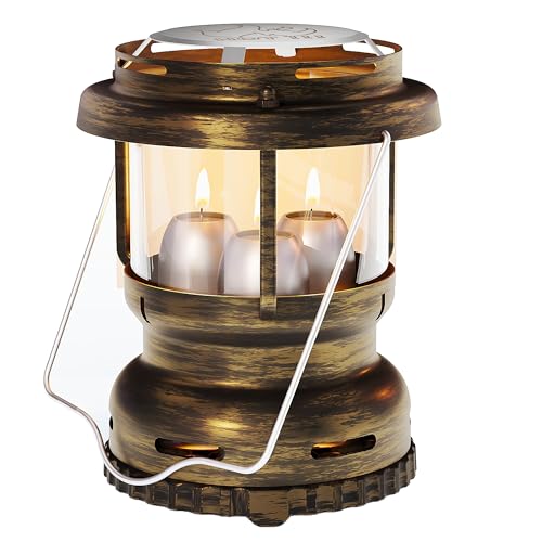 3-Wick Emergency Candle Lantern for Power Outages [18H+ Burning Time] Vintage Decorative Candle Lantern for Real Candles, Outdoor Portable Camping Survival Lighting [7.1"*5.7" - Vintage Brass]