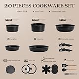 KIKCOIN 20 Pcs Pots and Pans Set Non Stick, Detachable Handle Cookware Sets Nonstick, Non Toxic Induction RV Kitchen Cooking Set with Removable Handles, Dishwasher/Oven Safe, Easy Clean (Black)