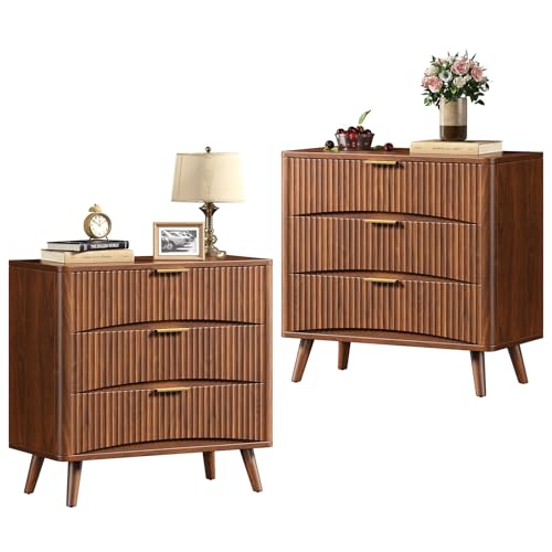 Evermagin 31.5W×29“H Large Fluted Nightstands Set of 2, Mid Century Modern 3 Drawer Night Stand Bedside Table, Small Wood Dresser for Bedroom, End Table with Storage, Walnut Oak