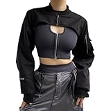 HeiBai Xiong Goth Emo Crop Top Alt Rave Crop Coat Long Sleeve Zipper Driving Jacket