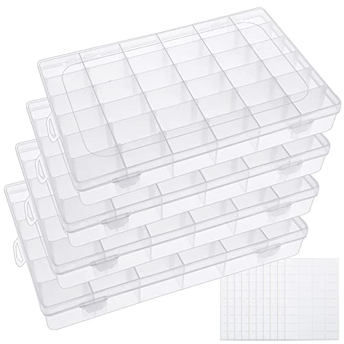 BAKHUK 4 Pack 36 Grids Clear Plastic Organizer Box Storage Container with Adjustable Divider, Tackle Box Organizer Bead Organizer Art Crafts Jewelry with 400 Label Stickers