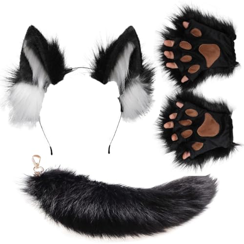 Valpeak Wolf Fox Ears and Tail Set with Therian Paws Fox Costume Furry Paws(Wolf Black Set)