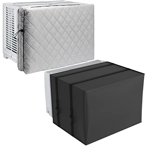 2 Pack Indoor Outdoor Window Air Conditioner Cover Adjustable Window AC Unit Cover with Drawstring Double Insulation 25"x17"x3.5" for Inside Dust-Proof Waterproof 25.5”x20.5”x18” for Outside