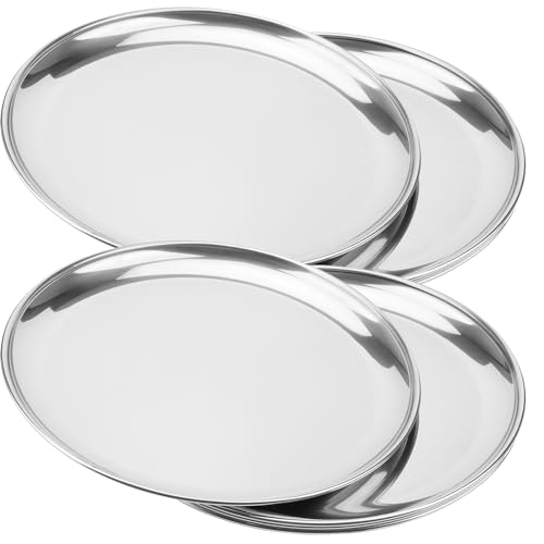 ZEONHEI 4 Pack 12 Inch Silver Stainless Steel Plates, Round Silver Metal Dinner Plates, Dishwasher Safe Stainless Steel Serving Dishes for Home, Camping, Barbecue