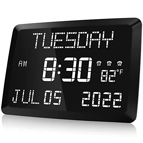 Raynic Digital Clock, 11.5" Large Display Digital Wall Clock,Adjustable Brightness Calendar Clock with Day and Date, Indoor Temperature, Snooze,12/24H, DST for Home, Office, Elderly