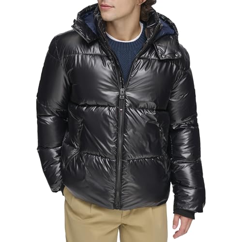 Tommy Hilfiger Men's Shiny Quilted Puffer With Patch Logo, Black, Medium
