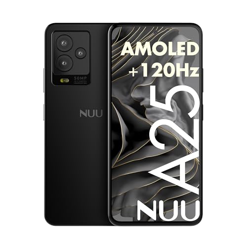 NUU A25 AMOLED 120Hz 6.7" Unlocked for T-Mobile, ATT, Cricket, Mint, Ultra, Metro, Gaming Phones, Octa-Core Helio G99, 4G/LTE Dual SIM, 6GB + 128GB 50MP Camera, Black, International Travel