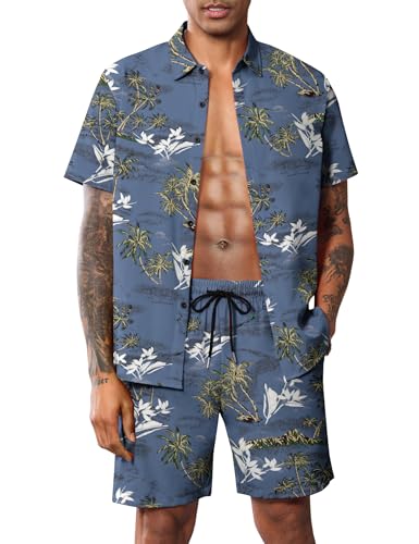 LecGee Men Hawaiian 3D Print Shirt set Tropical Novelty Beach co ords Short sleeve Short set Aloha Summer Casual(Blue,L)