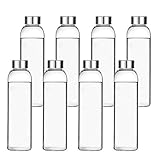 Encheng Glass Water/ Beverage Bottles with Leakproof Stainless Steel Cap, Reusable to Go Travel Juice Bottles / Drinkware for Drink, Sauce 8 Pack, 16oz / 500ml