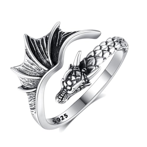 INFUSEU Dragon Ring for Women Men Gothic Goth Jewelry 925 Sterling Silver Vintage Adjustable Cute Cool Emo Viking Animal Wing Open Hug Rings Unique Gifts