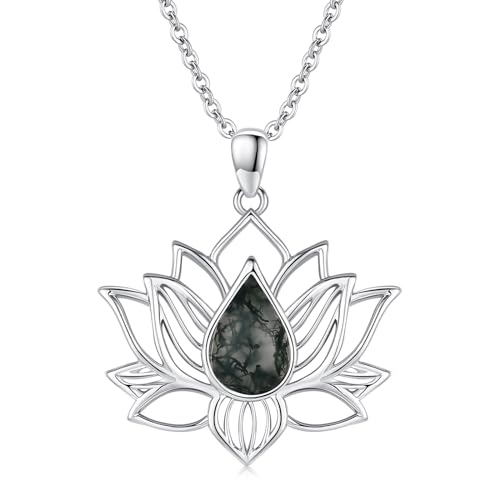 Suiknsn Lotus Necklace for Women 925 Sterling Silver Moss Agate Lotus Pendant Necklace Lotus Jewelry Inspirational Graduation Birthday Gifts for Her Lotus Lovers Friends