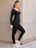 YEOREO Long Sleeve Jumpsuit for Women Workout V Back Bodysuit Lizvette Scrunch Butt Leggings One Piece Romper U Neck Full Length Yoga Bodycon Black Medium