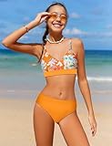 ADIFUN Bathing Suits for Girls 12-14 V Neck Adjustable Straps Teen Bathing Suits for Girls 12-14 Swimsuit for Girls 12-14 Orange Floral Bikini Set Size 13 14