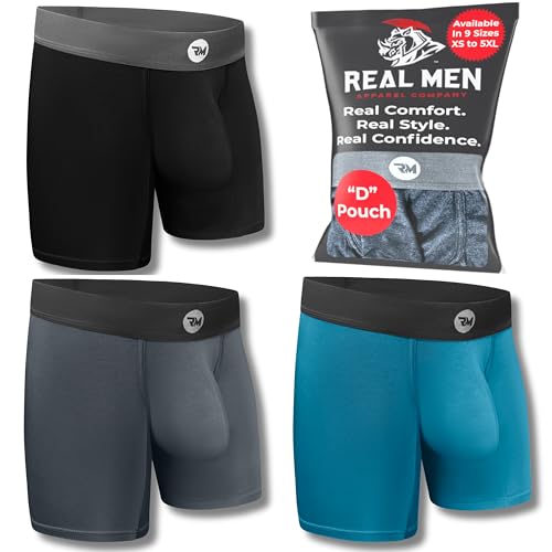 Real Men 7in Modal Boxer Briefs D Pouch Med 3pk Blk/Blu/Gry Mens Bulge Enhancing Underwear Mens Bulge Underwear Long Leg Boxer Briefs For Men