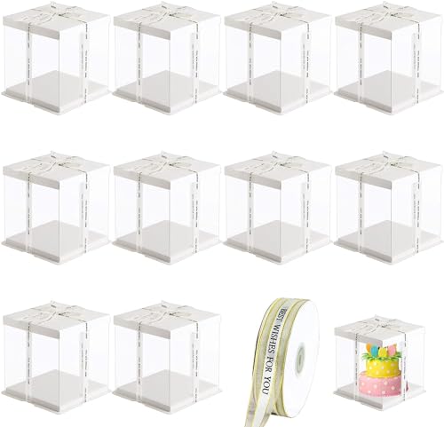 Haploon 10 Pcs 7x7x8 Inch Clear Cake Box,Cake Packaging Boxes Tall Cake Box with Lids & 148ft Ribbon for 4-Inch Double Layer and Tier Cakes