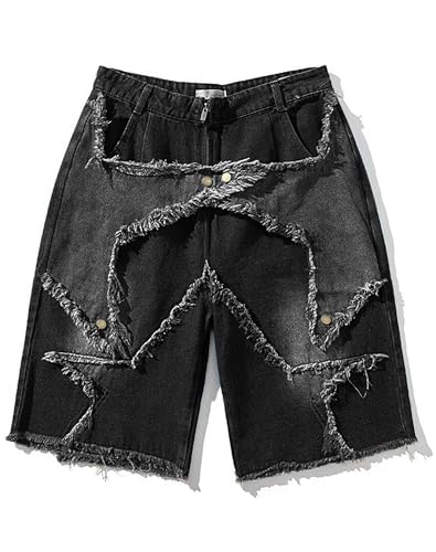 Sunidol Womens Patchwork Shorts Y2K Grunge Star Patch Mid Waist Straight Leg Jeans Tomboy Clothes Steetwear Jorts Black M