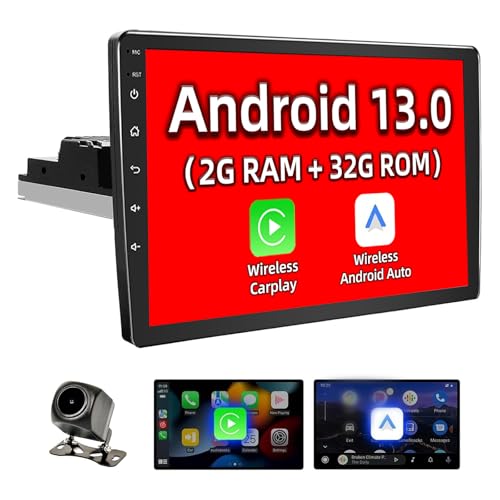 Binize Android System Car Stereo 10 Inch Single Din with Wireless Carplay&Wireless Android Auto, 2+32G,GPS Navigation Receiver,Bluetooth,FM,Dual USB,Mirror Link,Support Backup Camera