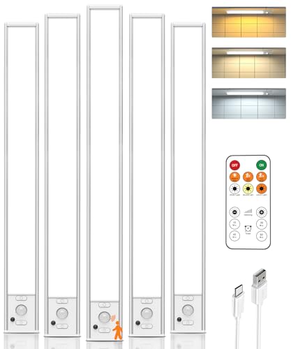 16in Under Cabinet Lighting with Remote Control,160 LED Motion Sensor Light Indoor,4000mAh USB Rechargeable Closet Lights,3 Color Temps Wireless Under Counter Lights for Kitchen,Pantry, Stair, 5 Pack
