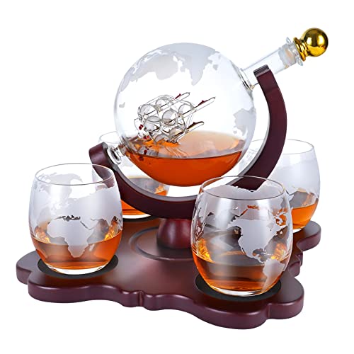 Gifts for Men Dad Husband, Whiskey Decanter Set with 4 Etched Globe Glasses, Unique Anniversary Birthday House Warming Gift for Brother Boyfriend, Cool Bourbon Presents