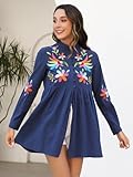 Vackutliv Mexican Blouse for Women Long Sleeve Embroidered Floral Traditional Art Button Down Top Cinco de Mayo Hispanic Heritage Month Fiesta Outfit Navy Vestidos Mexicanos para Mujer Ropa