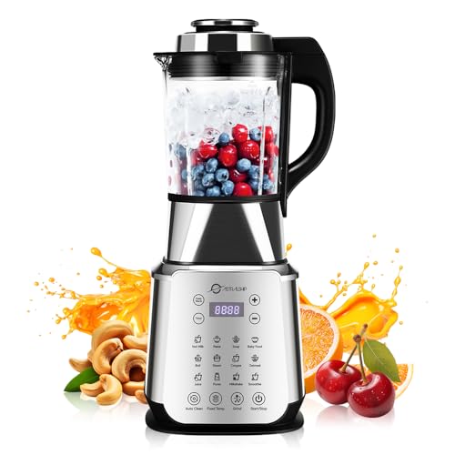 ASH01-S Stainless Steel Blender with Heating, 26000-60000RPM High Speed Food Processors Blender for kitchen, 1200W Glass jar blender with Keep Warm Auto Clean 14 Functions for Nut Milk Smoothies Sauce