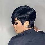 PangDongLai 10A Pixie Cut Wigs for Black Women Model Length Natural Black 1b Color Short Layered Pixie Haircut Wigs With Bangs Pixie Cut Human Hair Wigs for Women Wear and go Wigs Glueless Wigs