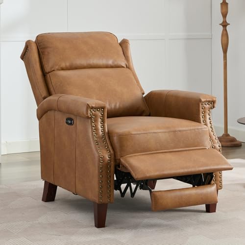 High Leg Power Recliner Chair for Living Room, Mid-Century Modern Single Reclining Chair, Faux Leather Lounge Armchair with USB & Type-C Port, Reading Chair with Retro Rivet Decoration,Camel Brown