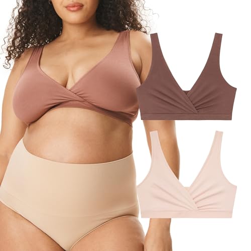 Motherhood Maternity Women's Soft Cotton Spandex Wrap Front Maternity & Nursing Sleep Bralette Bra S-3X, Porcelain Pink/Nutmeg 2 Pack, Large