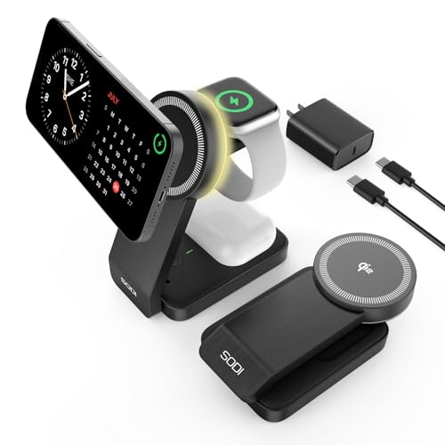 SODI Qi2-Certified 3-in-1 Foldable Wireless Charging Station with Night Light, Fast Portable Travel Charger Stand for iPhone/Android/Apple Watch/AirPods, Nightstand QI2 Charger for Multiple Devices