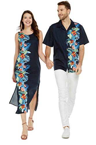 Couple Matching Luau Aloha Shirt Maxi Tank Dress Orchid Paradise Navy XL-L