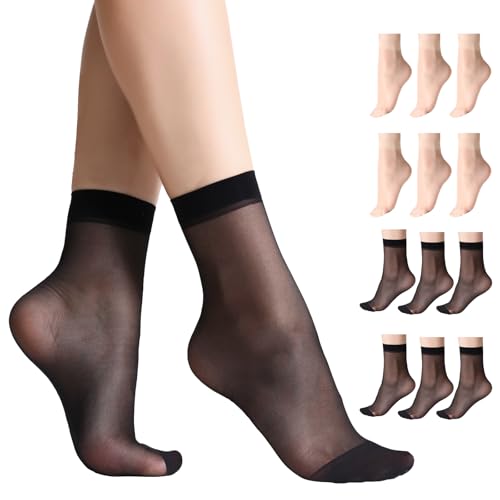 Aaronano 12 Pairs Women's Ankle High Sheer Socks for Women Nylon Socks Soft Tight Hosiery with Reinforced Toe 6 Pairs Black and 6 Pairs Nude
