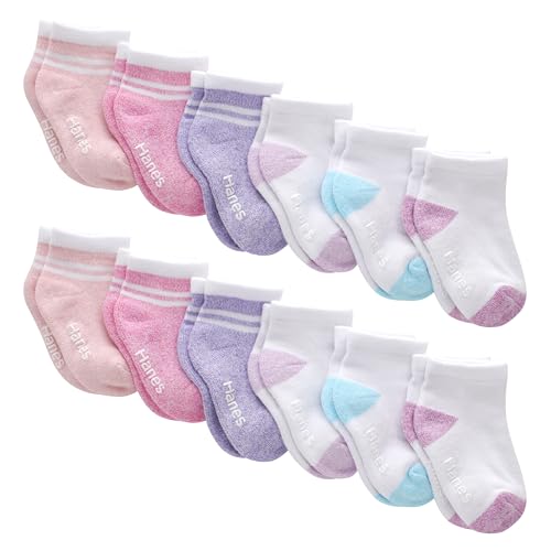 Hanes Baby and Toddler, Non-Slip Grip Ankle Socks, Boys' and Girls', Multipacks, White/Pink/Heather Pink/Purple-12 Pack, 2T-3T