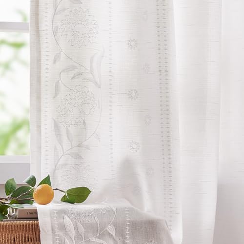 jinchan White Linen Curtains for Bedroom 84 Inches Length Linen Blended Embroidered Floral Curtains for Living Room Farmhouse Decor Light Filtering Window Treatments White on White Drapes 2 Panels