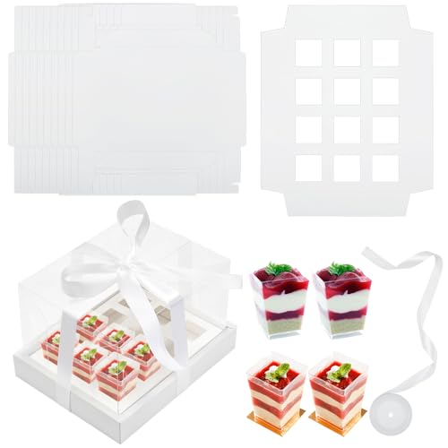 Kritkin 10 Sets Square Dessert Shooter Cup Transport Boxes with Window Ribbon 12 Count 3 oz Dessert Shooters Transport Container Cup Carrier Boxes Holder for Birthday Holiday Party Bakery Supplies